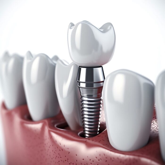 Close-up view of a dental implant with surrounding gum tissue, demonstrating a natural and healthy appearance.
