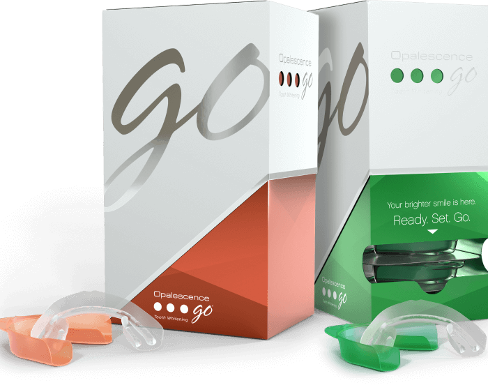 Opalescence Go™ teeth whitening trays, a professional-grade whitening solution available for convenient at-home use. A great option for achieving teeth whitening in Ohio.